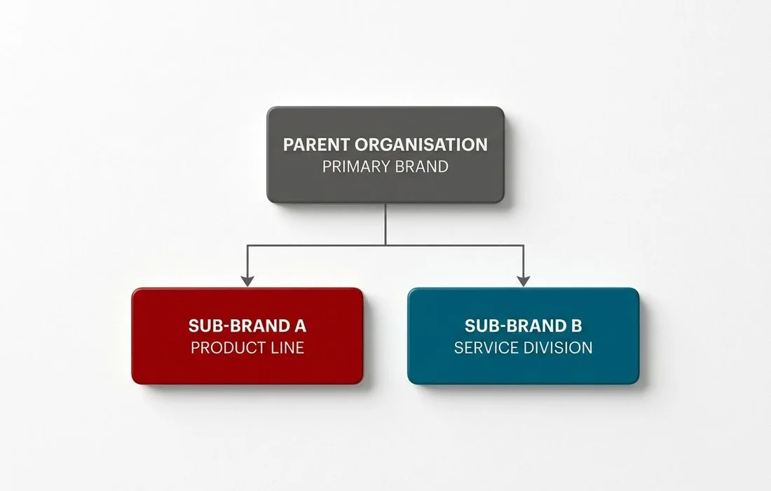 The ADE Marketing brand architecture diagram with ADE GenCite and RM1 Website sub-brands