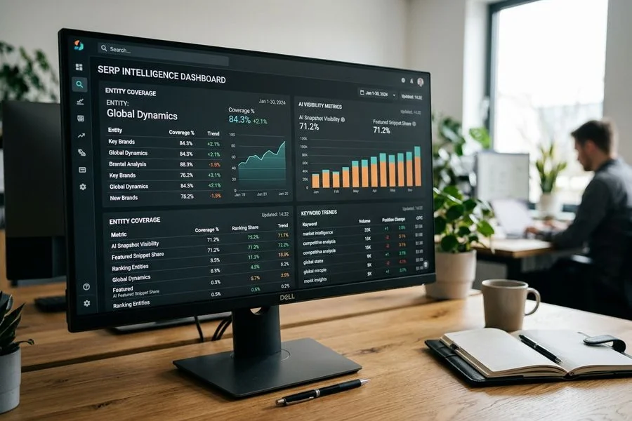 Close-up of ADE Marketing proprietary SaaS dashboard showing SERP entity coverage and AI visibility metrics