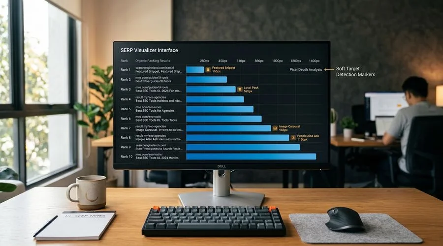 EMDStriker SERP Visualizer showing pixel-depth analysis and soft target detection