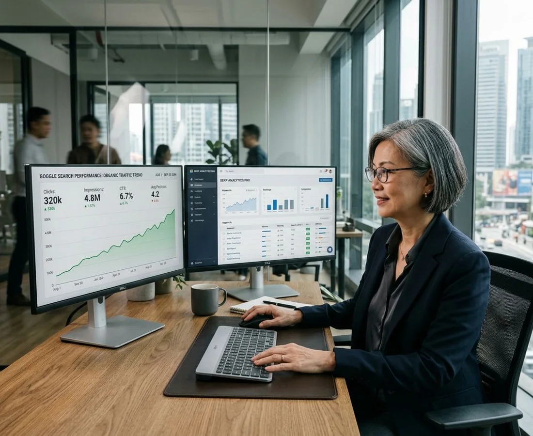 Adam Yong reviewing Google Search Console and proprietary ADE Marketing dashboards in the Solaris Dutamas office