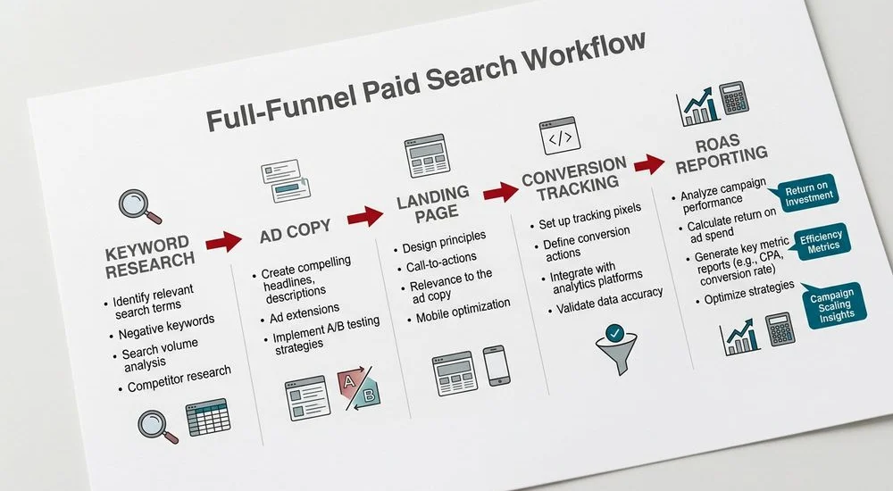 Full-funnel Google Ads workflow diagram from keyword to ad to landing page to conversion tracking