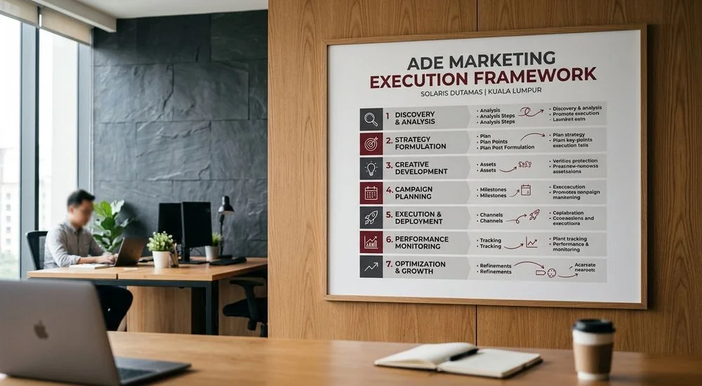 GenCite Framework seven-step poster on the ADE Marketing office wall with annotated execution stages
