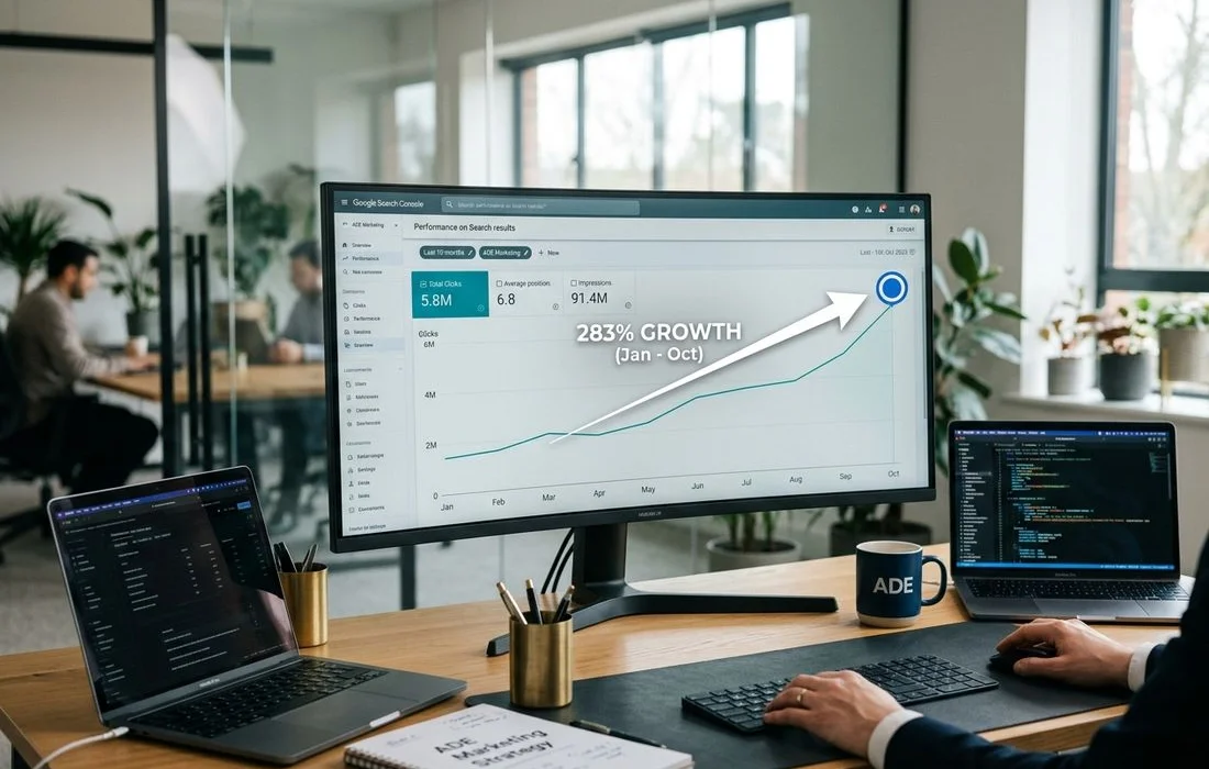 A Google Search Console performance chart showing 283% growth, overlaid on the ADE Marketing workstation