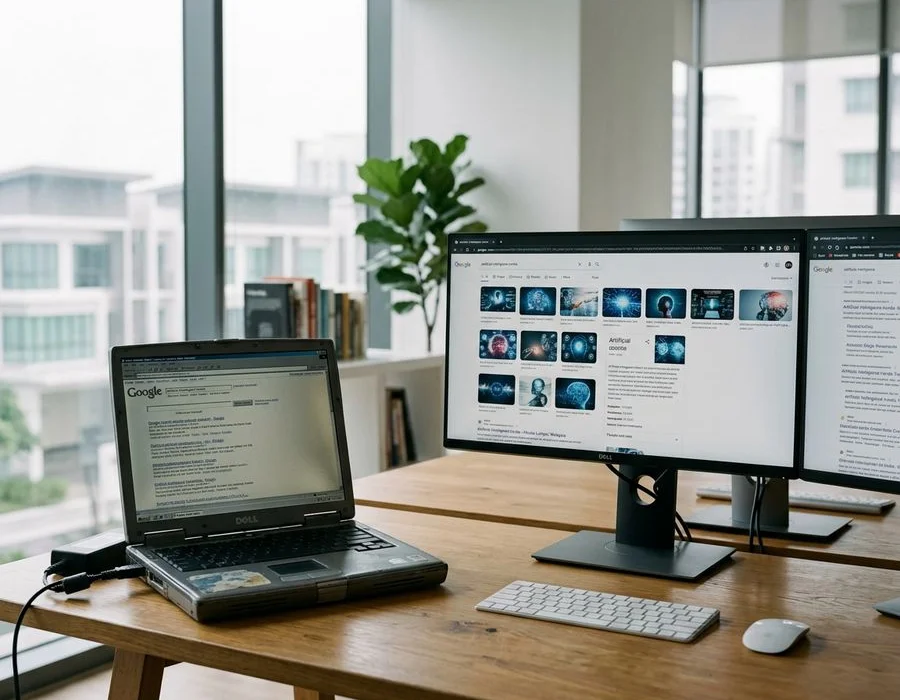 A vintage laptop alongside a modern workstation, symbolising 22 years of search work